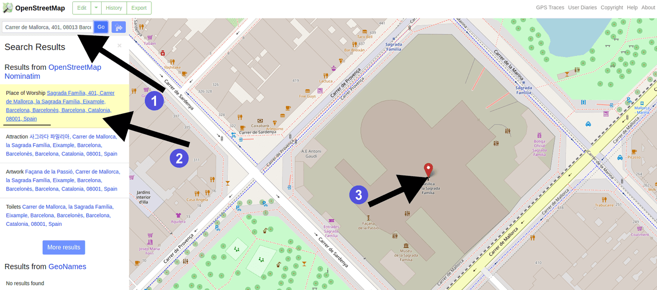 OpenStreetMap: Finding coordinates by address